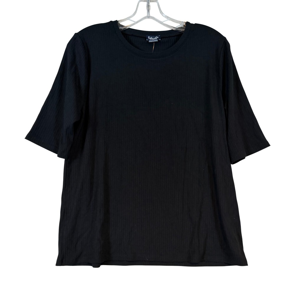 Splendid Women Black Ribbed Knit Elbow Sleeve Crew Neck Top •XXL• Layering Basic